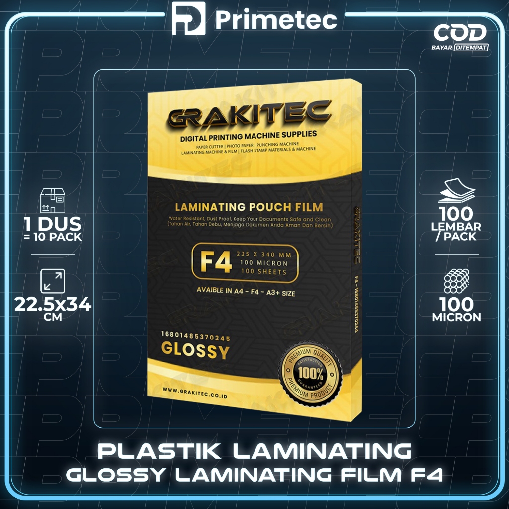 

Plastik Laminating FIlm F4 1 DUS isi 10 pack | 100 Micron primetec
