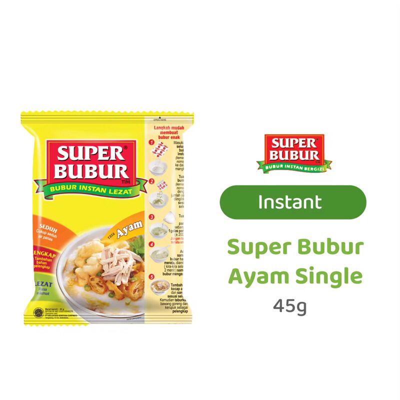 

Super Bubur Rasa Ayam 45Gr(Isi 5pcs) & 22Gr (Isi 10pcs)