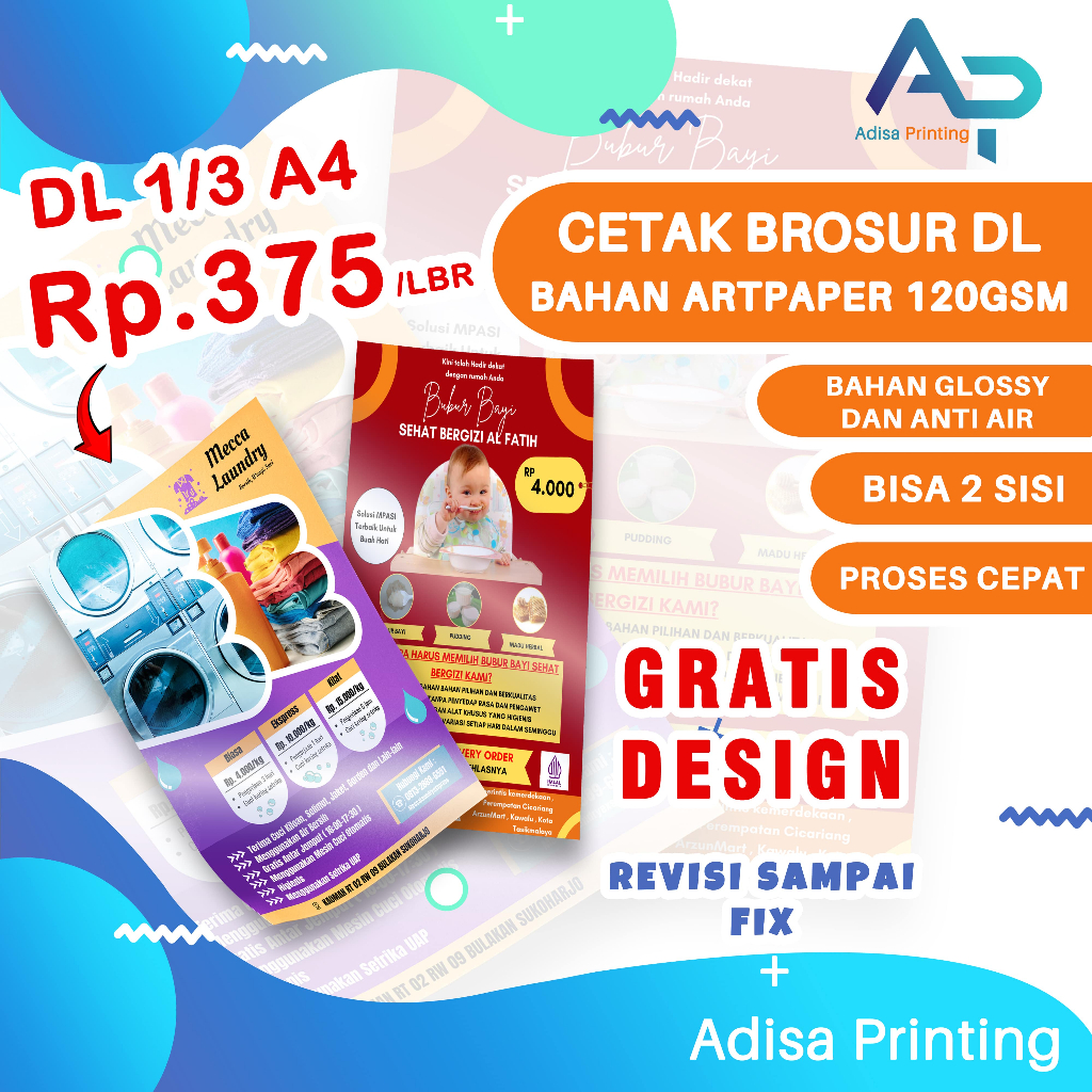 

CETAK BROSUR DL 1/3 A4 MURAH GRATIS DESAIN | BAHAN ARTPAPER 120GSM GLOSSY ANTI AIR