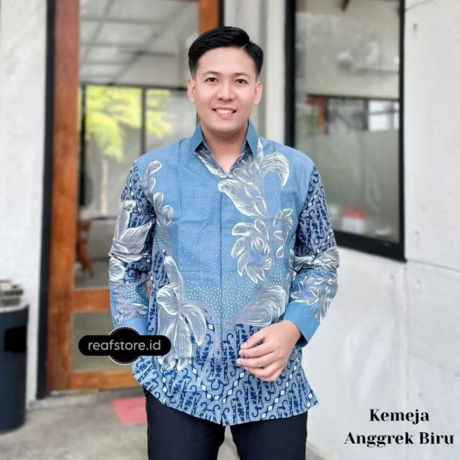 Kemeja Batik Pria Lengan Panjang Warna Biru Denim Formal Casual Baju Batik Kantor Cowok Terbaru