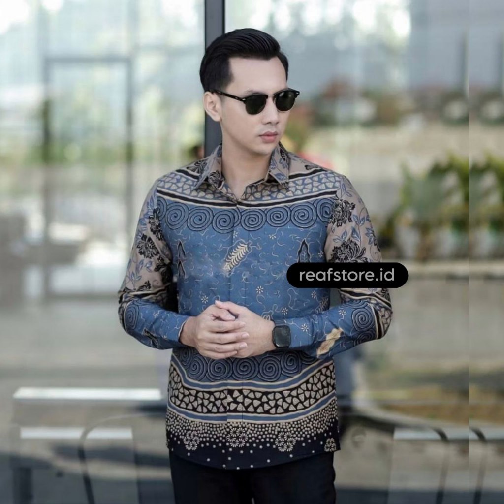 Reafstore.id - Kemeja Batik Pria Lengan Panjang Warna Biru Denim Formal Casual Baju Batik Kantor