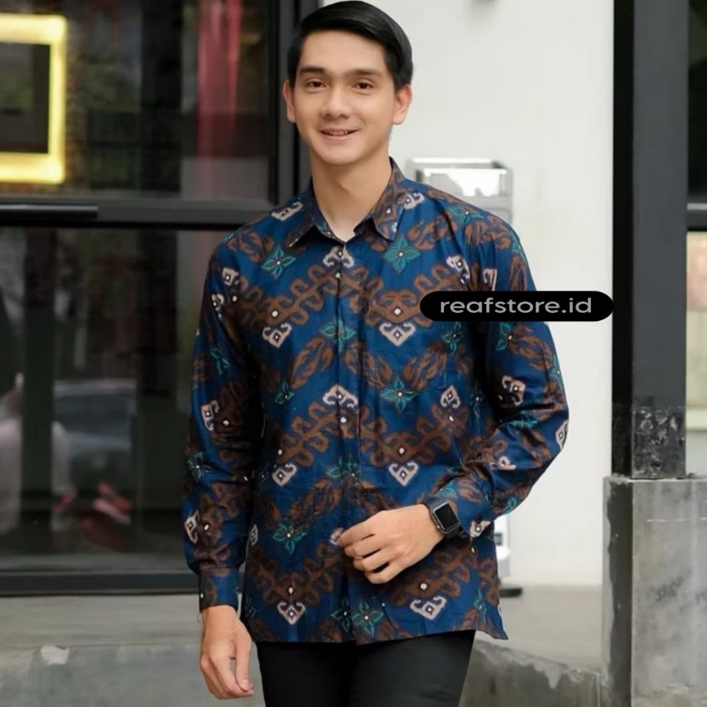 Reafstore.id - Kemeja Batik Pria Lengan Panjang Warna Biru Denim Formal Casual Baju Batik Kantor