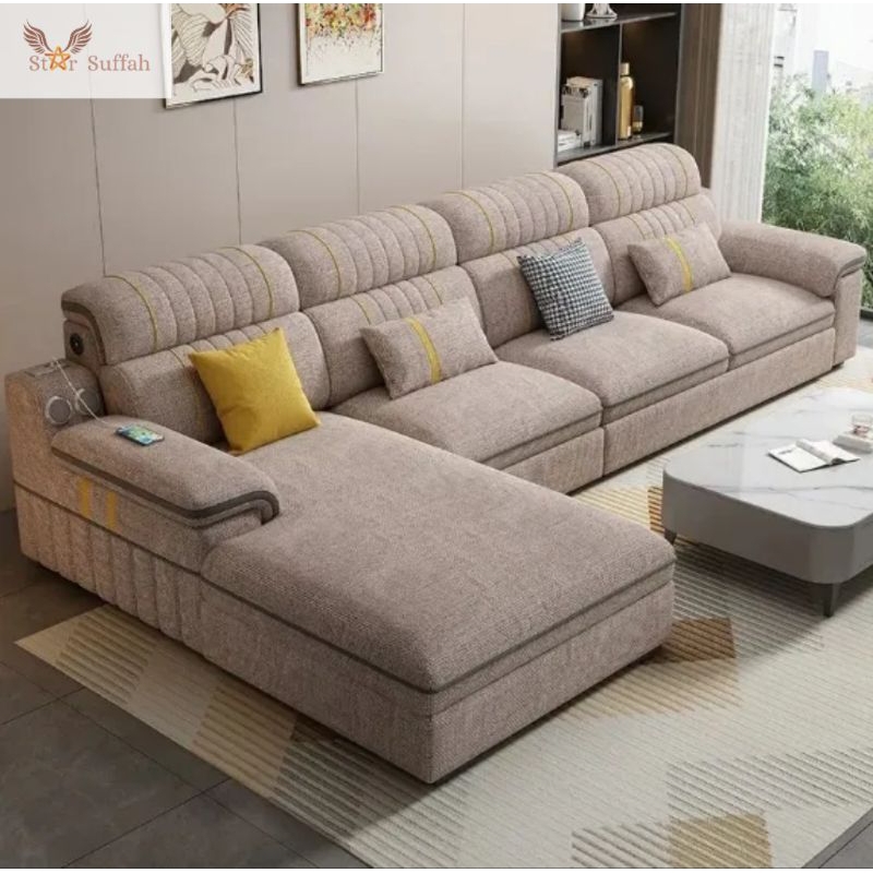 Sofa L minimalis bentuk kursi sofa model kekinian kursi kayu jati free meja tamu