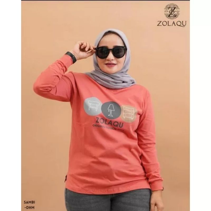 Kaos Wanita ZOLAQU Lengan Panjang Cotton Combed 24s Premium / Tunic Kaos Wanita Motif Biru Putih Cod