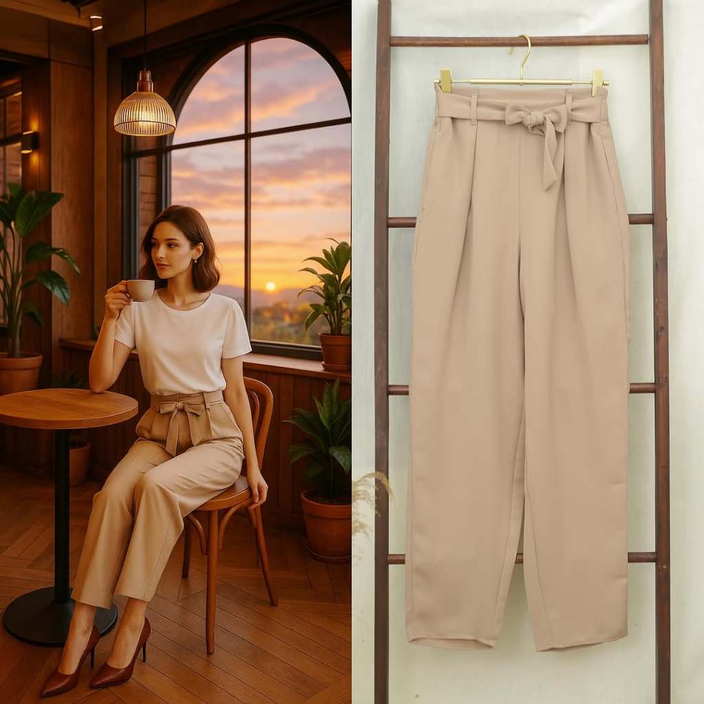 STH RE096 UNQ Highwaist Belted Ankle Pants Tortilla
