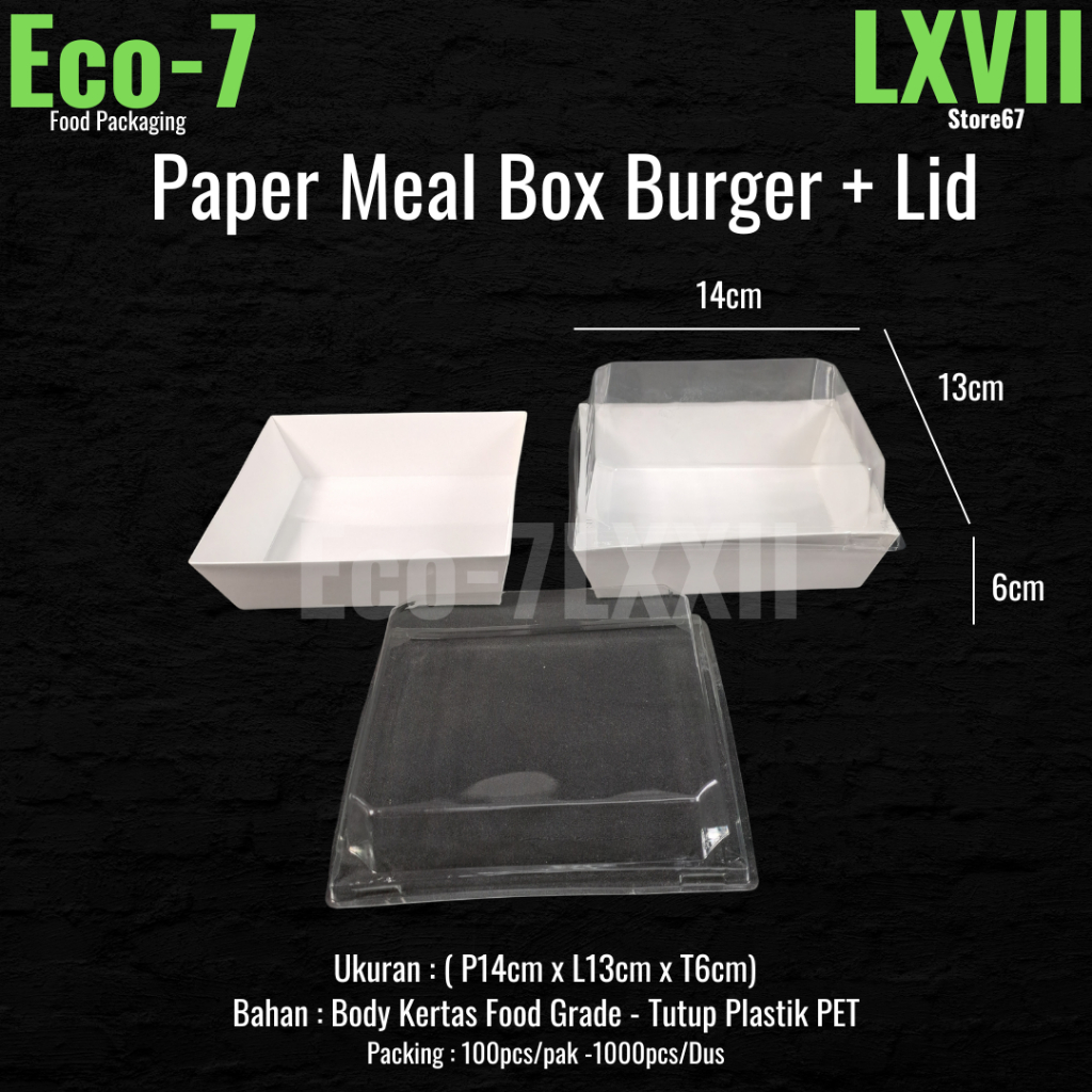 Paper Meal Box Burger Putih + Tutup Mika - , Paper Tray , Lunch Box Kotak Kue