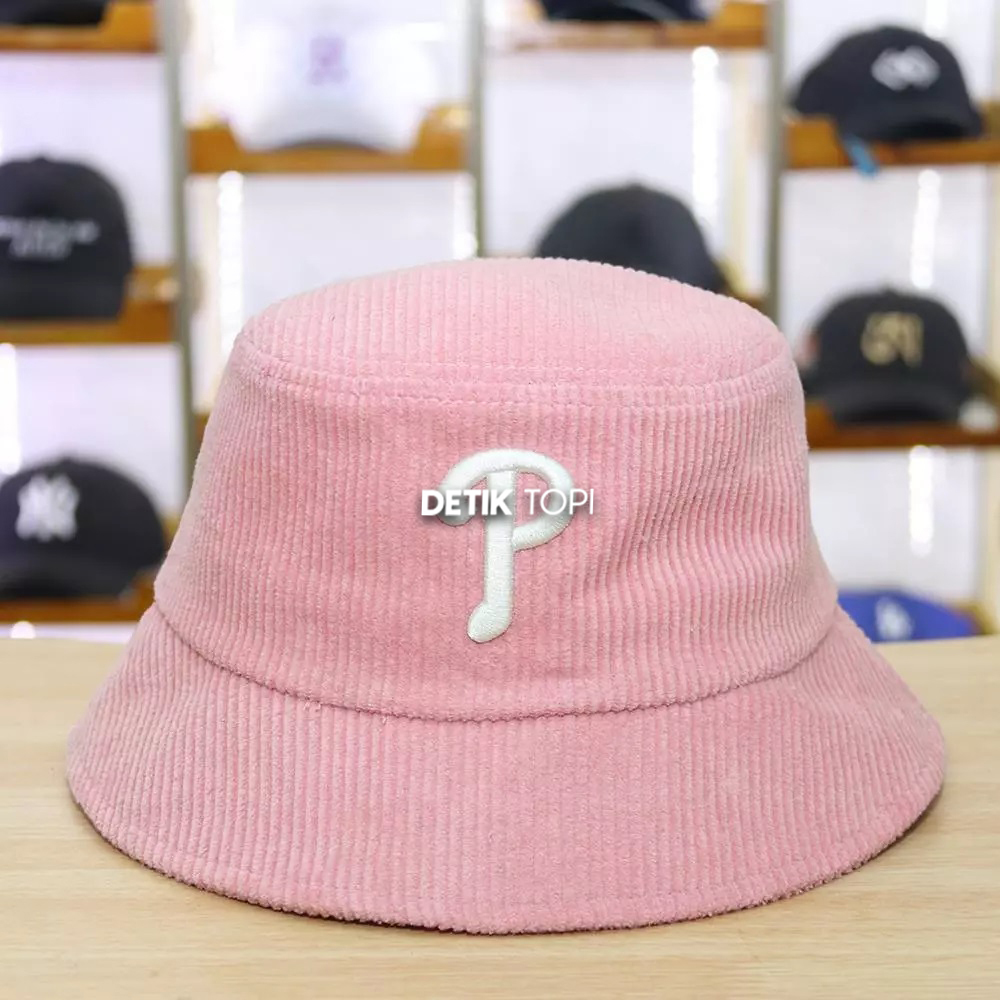 Topi Bucket Hat Philladelphia Phillies MLB Korea Corduroy Pink Logo Bordir
