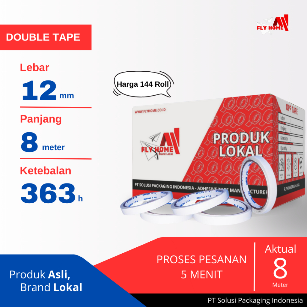 

FLYHOME DOUBLE TAPE 1/2 DUS 12MM X 8METER HOTMEL 144 ROLL UKURAN FULL CARGO