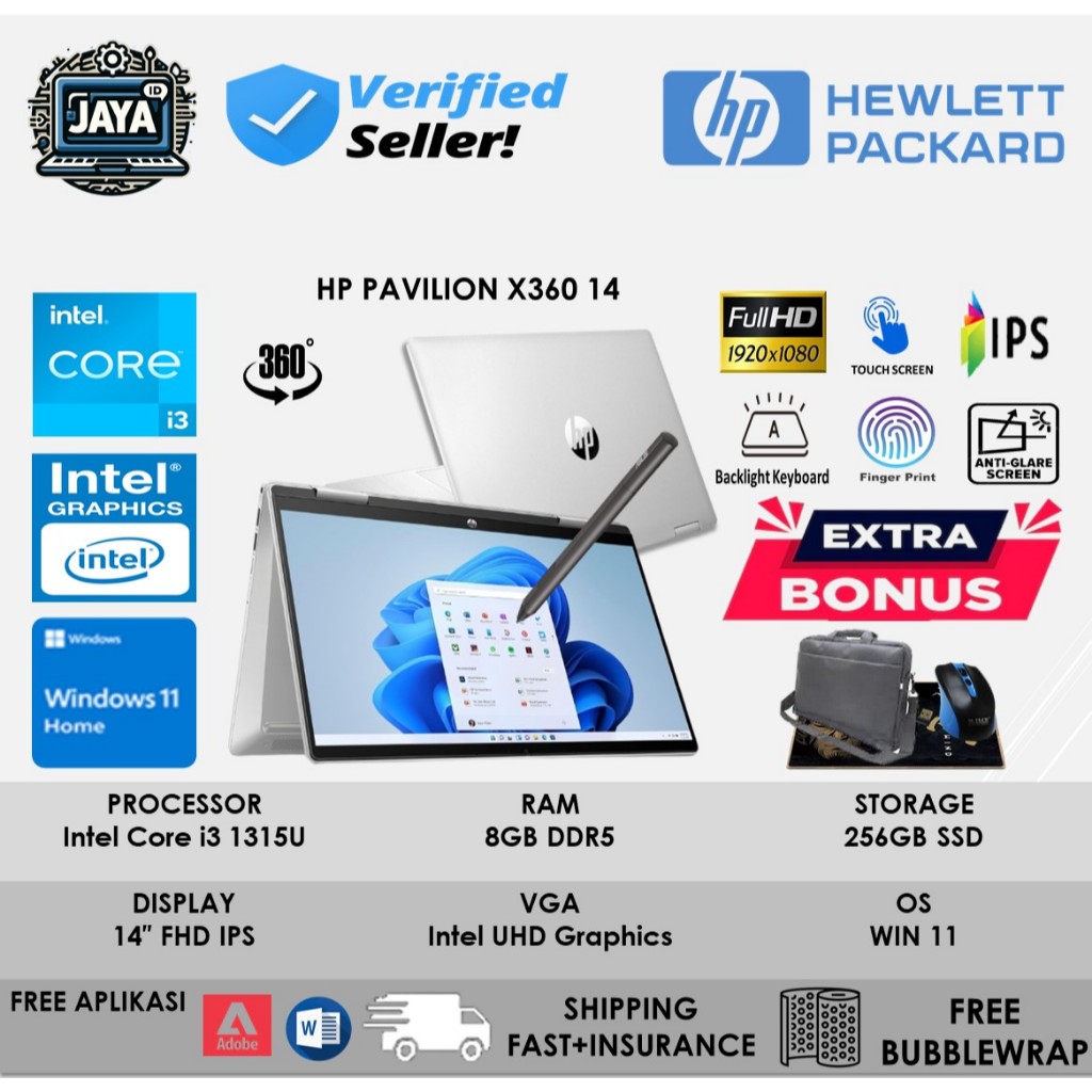 Laptop HP Pavilion X360 14 Intel Core I3 1315U 8GB 256GB FHD IPS Touch screen BackLit Fingger Print