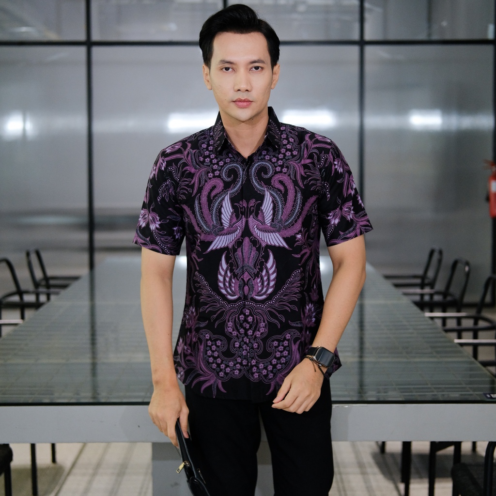 Batik Pria Slimfit Motif Gurdo Ungu Salem Baju batik pria lengan pendek original slimfit kemeja bati