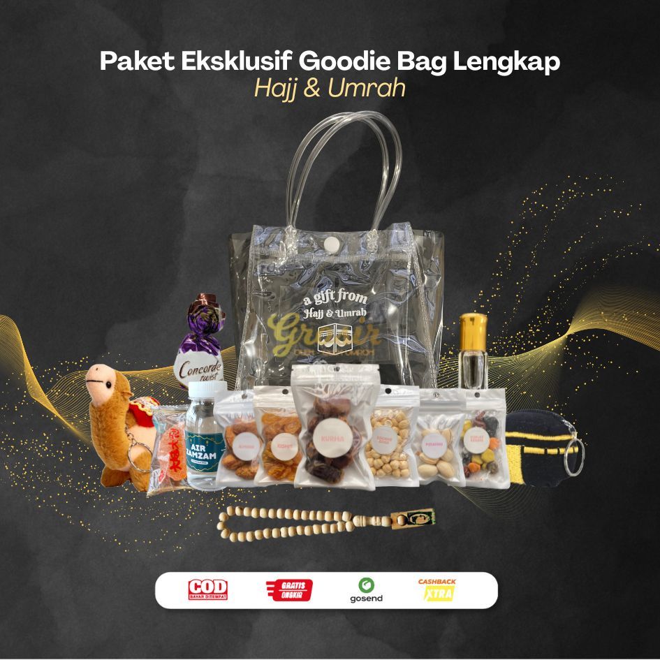 

Paket oleh oleh Haji Dan Umroh Eksklusif Tas Goodie Bag Totebag Transparan Lengkap series Gantungan Kunci Unta dan Kabah