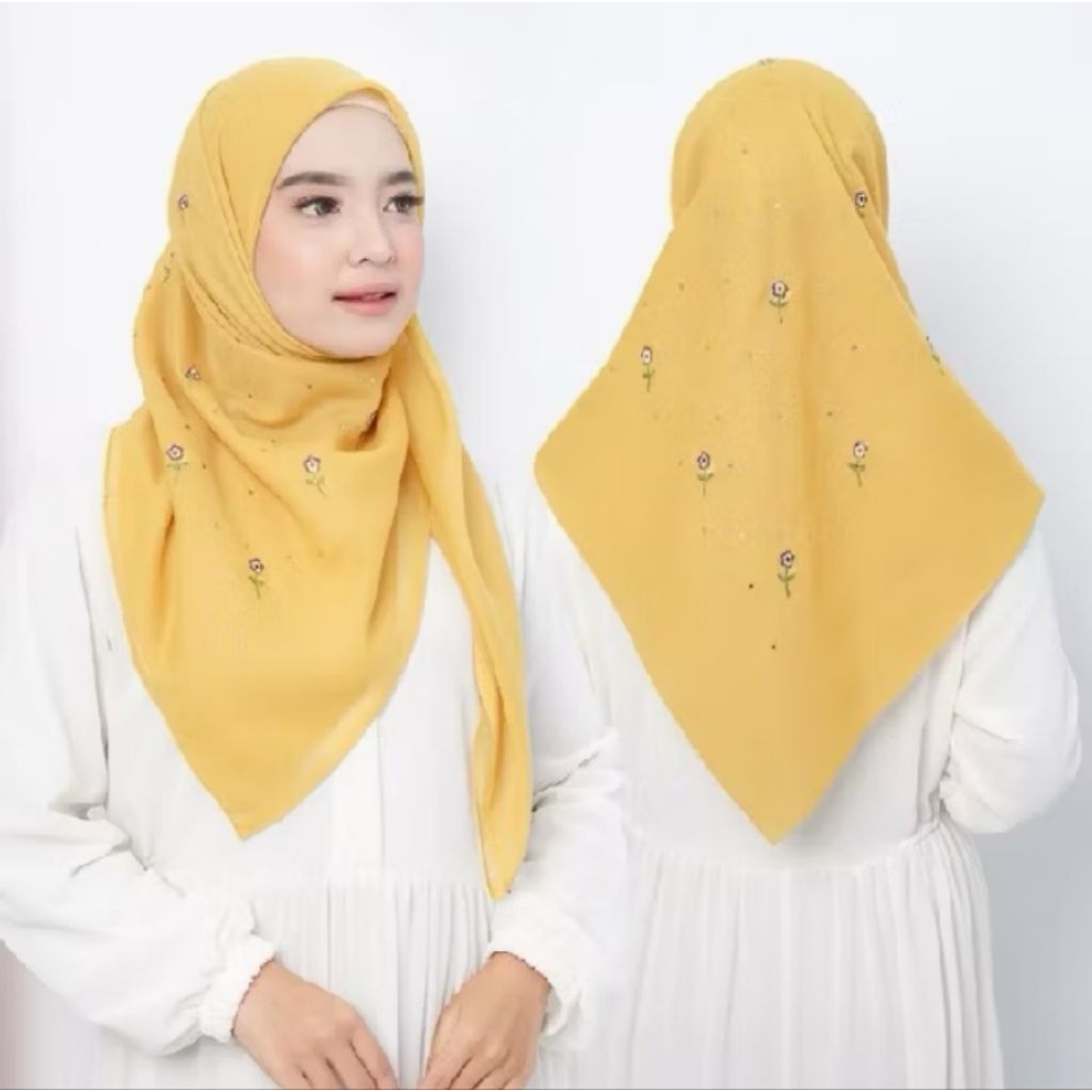 Hijab Paris Quantity Premium Segi Empat Payet Swarosky Bordir Bunga Mekar Mini Kerudung Wanita Syari