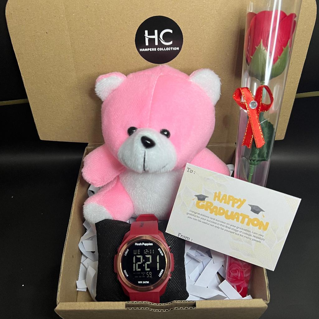HAMPERS CEWEK / PAKET HEMAT ISI JAM BONEKA BUNGA MAWAR / HAMPERS WISUDA / KADO ULANG TAHUN CEWEK