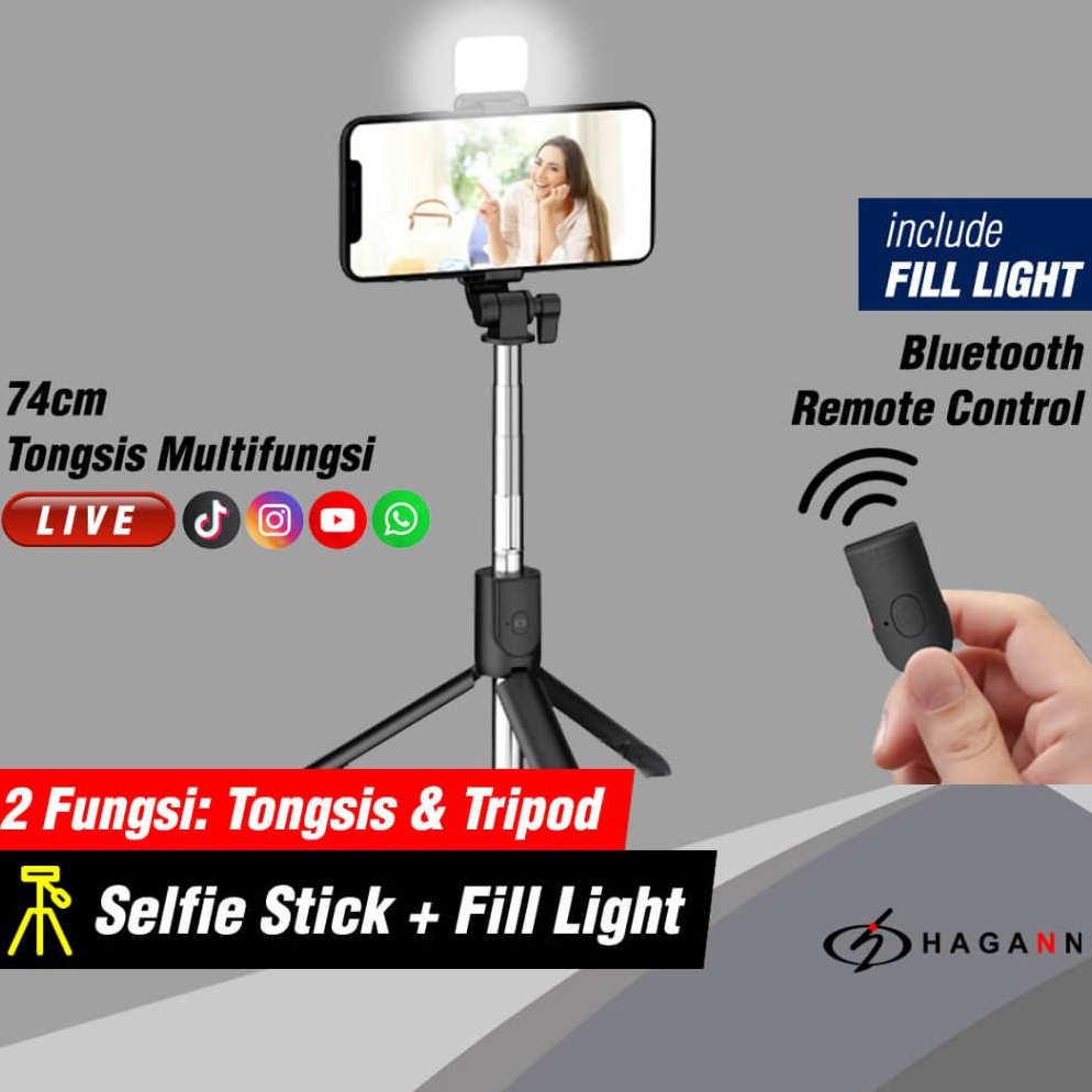 KODE I28T Selfie Stick Tongsis Bluetooth untuk HP Wireless Tripod LED Fill Light Mini Portable Flexi