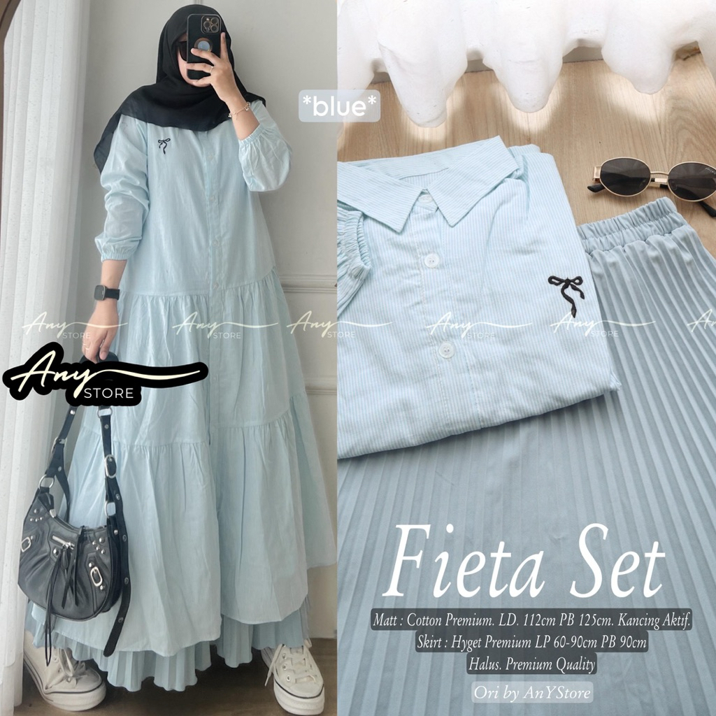 fieta set long tunik ruffle katun stripe rok plisket