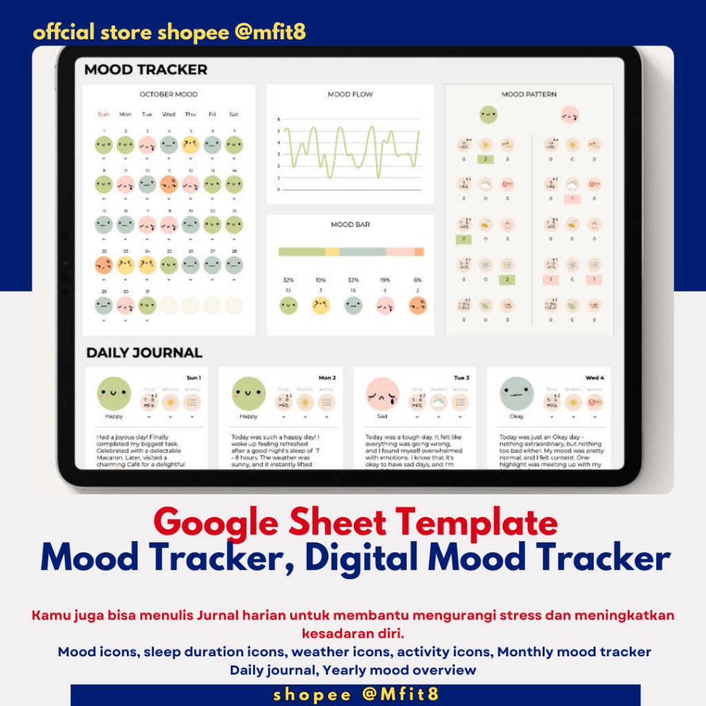 Mood Tracker, Digital Mood Tracker, Google Sheet Template, Journal, Journaling, Digital Journal, Dai