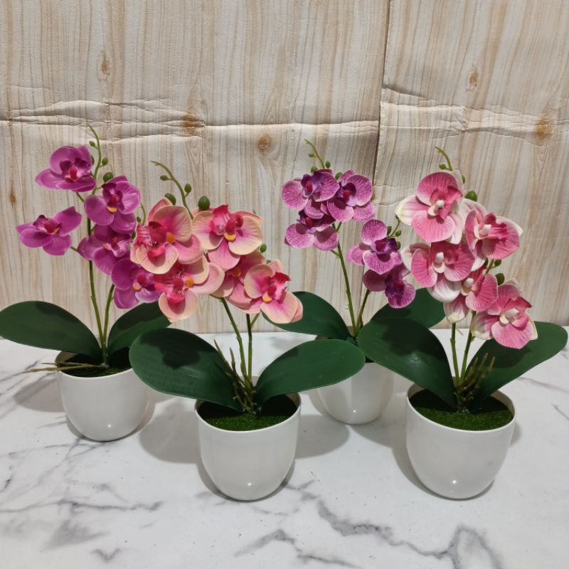Bunga hias anggrek latex 2 cabang set dengan pot