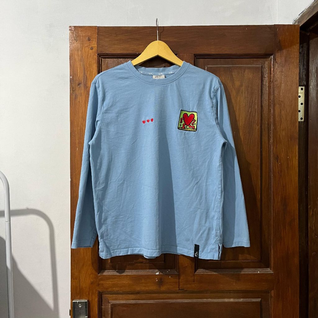 *NAMA PRODUK*[M-L] Keith Haring Blue Long Sleeve Shirt I Vintage Vtg Retro Kemeja Garis-garis Salur 