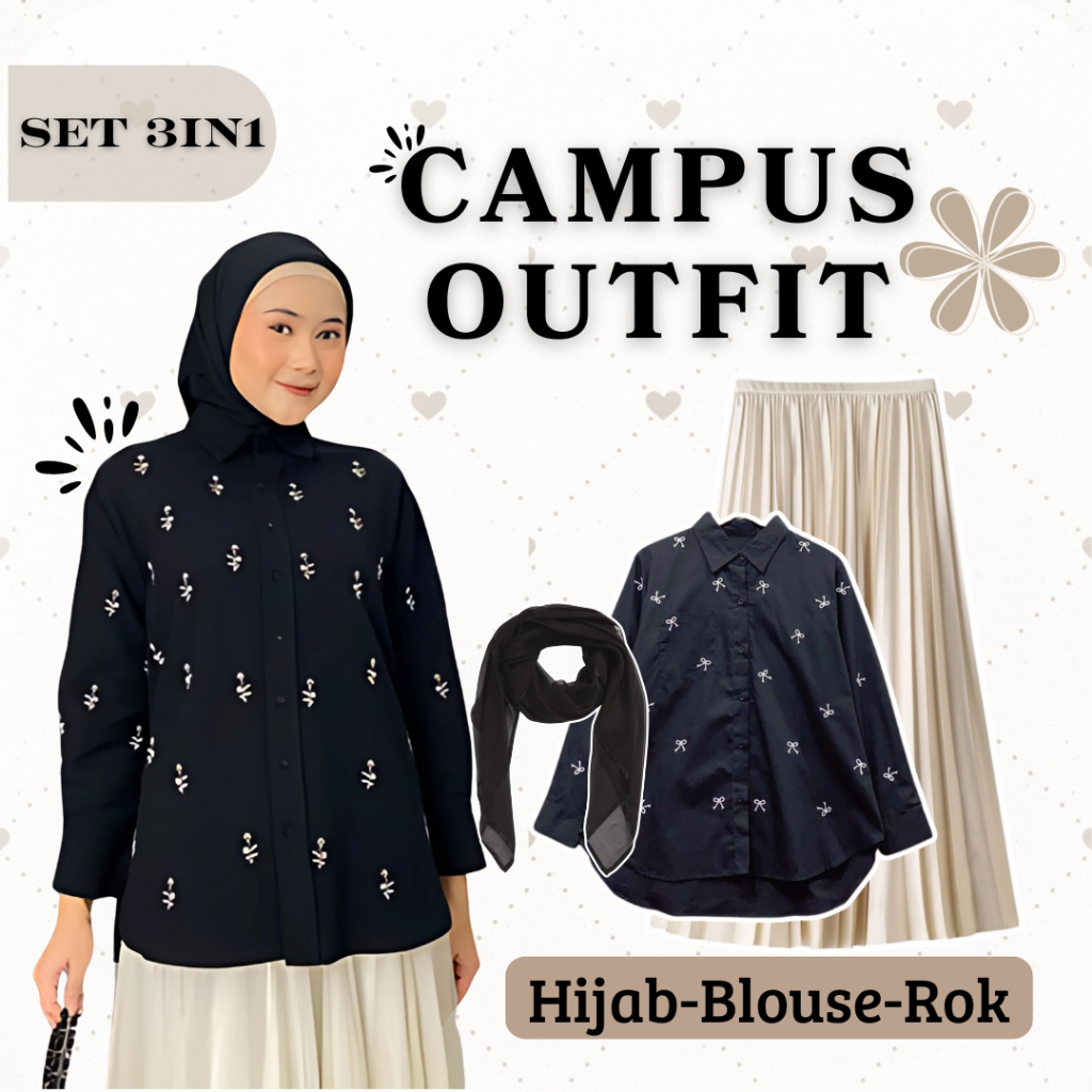 One Set Wanita Kekinian (Blouse Katun Pita Hitam | Rok Plisket Cream | Hijab Bella Square Hitam) QNL