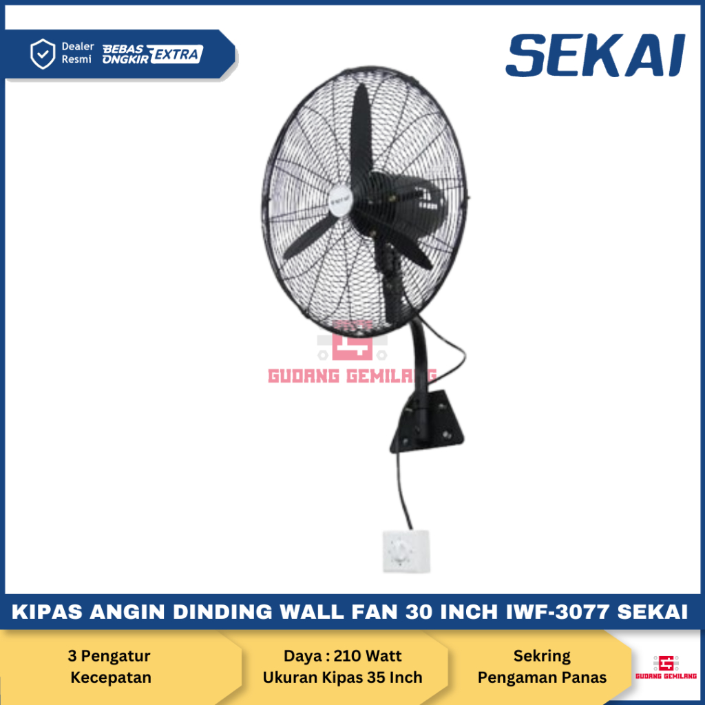 Kipas Angin Dinding Industrial Wall Fan Hitam 30 Inch IWF 3077 SEKAI