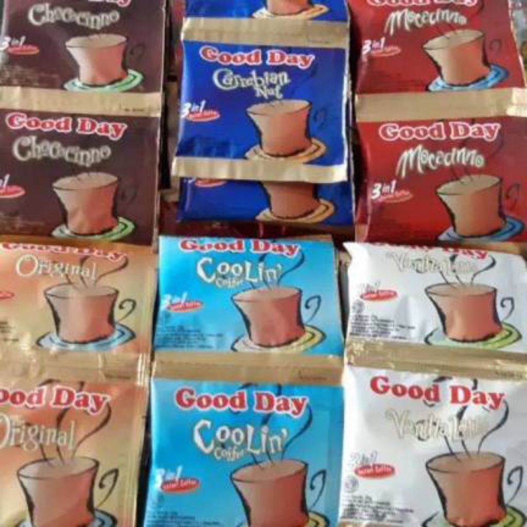 

goodday good day caramello chococino carebian nuts duet coolin original vanilla latte mocacino 20 gram per SASET 1 renteng isi 10 SASET