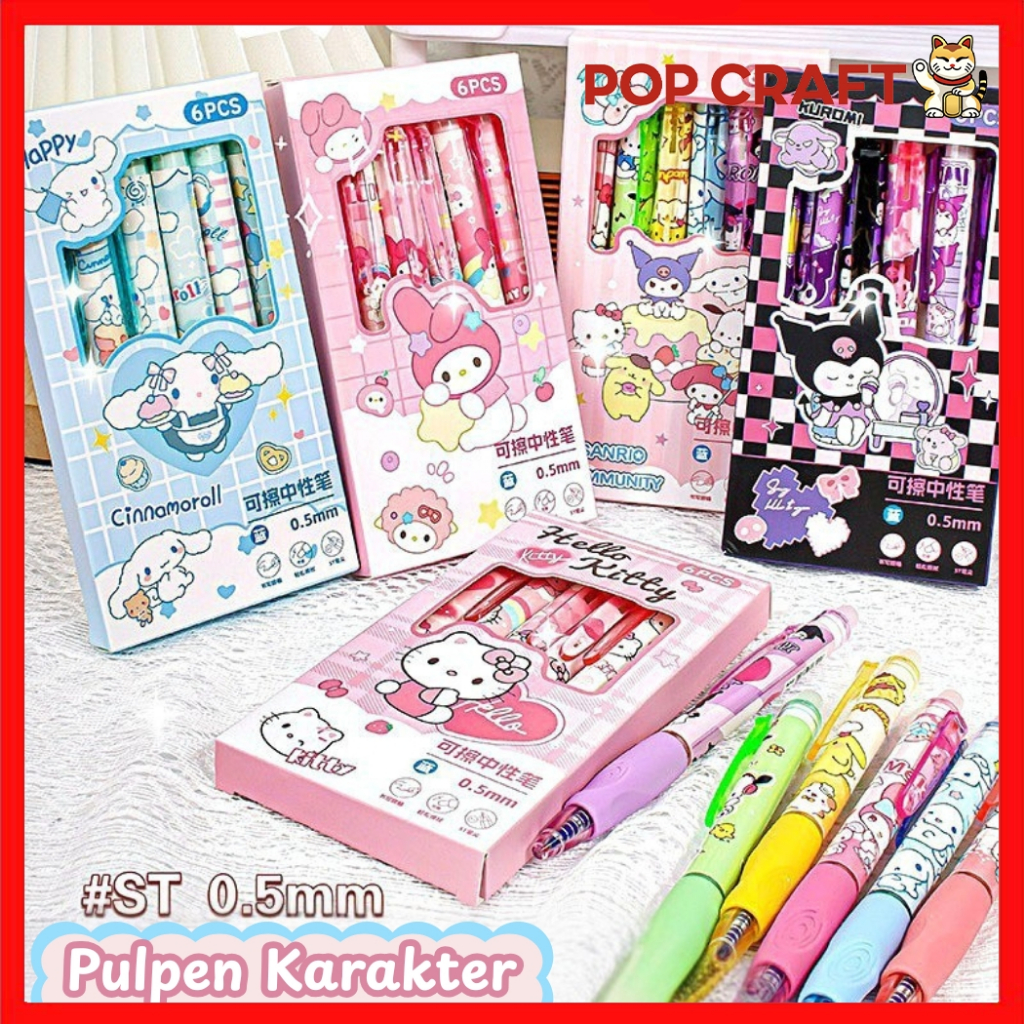 

PC 1 Box Pulpen Isi 6 Pcs 0.5mm Pulpen Lucu Bisa Hapus Pen Erasable Kartun Pena Cinnamoroll Sanrio