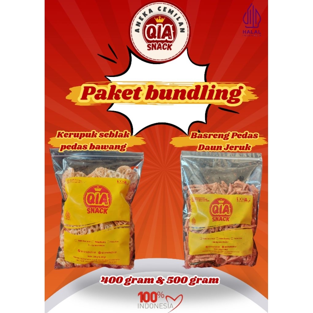 

Paket Bundling Kerupuk Seblak Mawar Pedas Bawang 400 Gr + Basreng Pedas Daun Jeruk 500 Gr