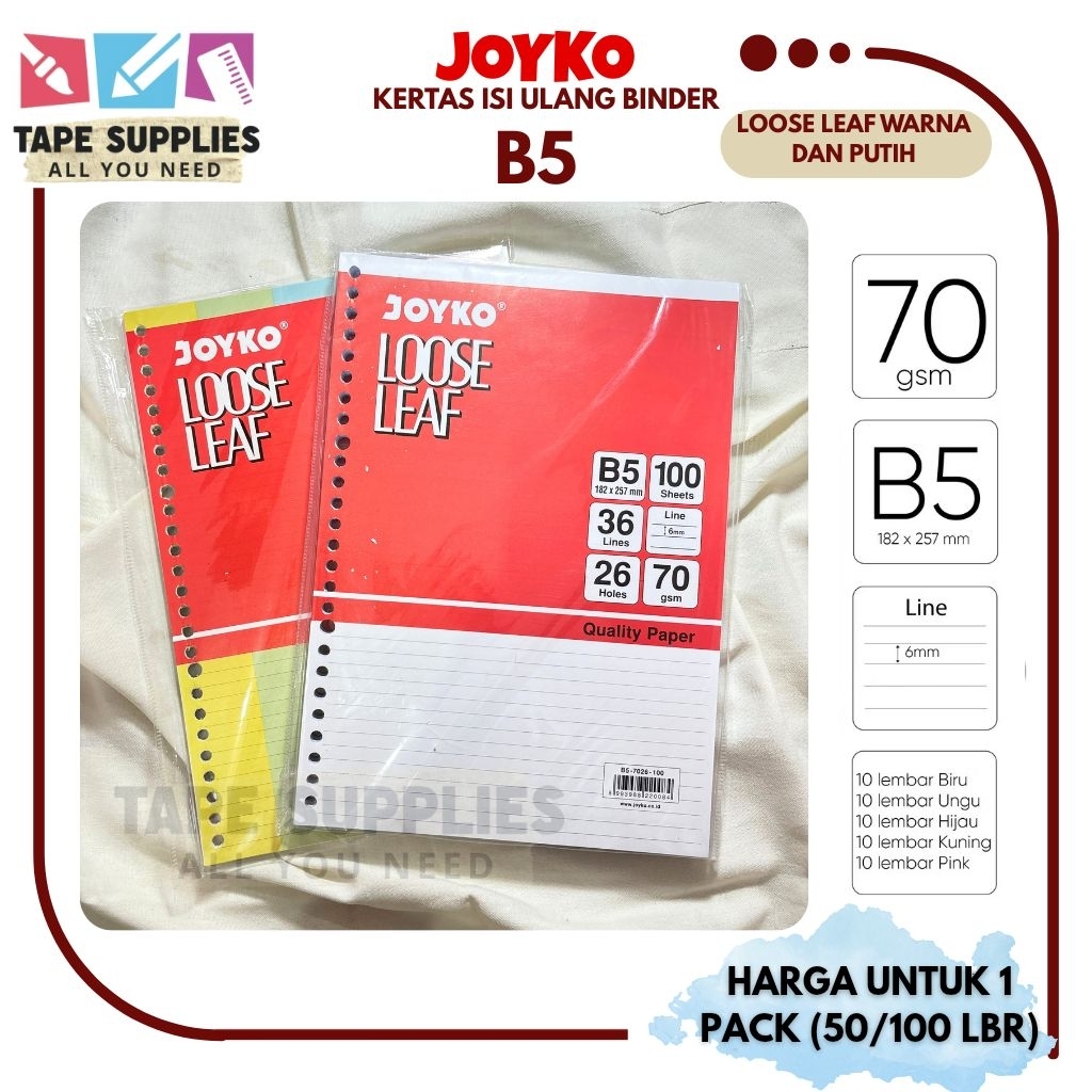 

(ISI 50/100 LBR) Loose Leaf B5 / Isi Kertas File Binder JOYKO Bergaris-Warna