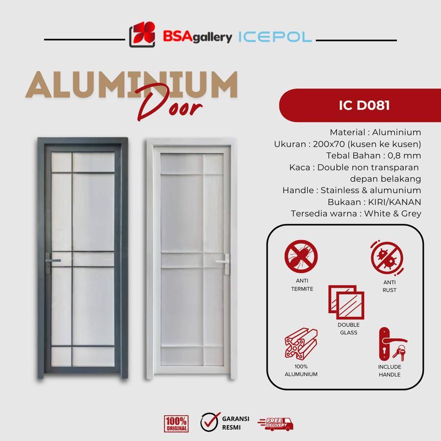 Pintu Kamar Mandi Icepol Alumunium Full Set White Grey Putih Abu Plus Kusen Handle 70x200 IC D081