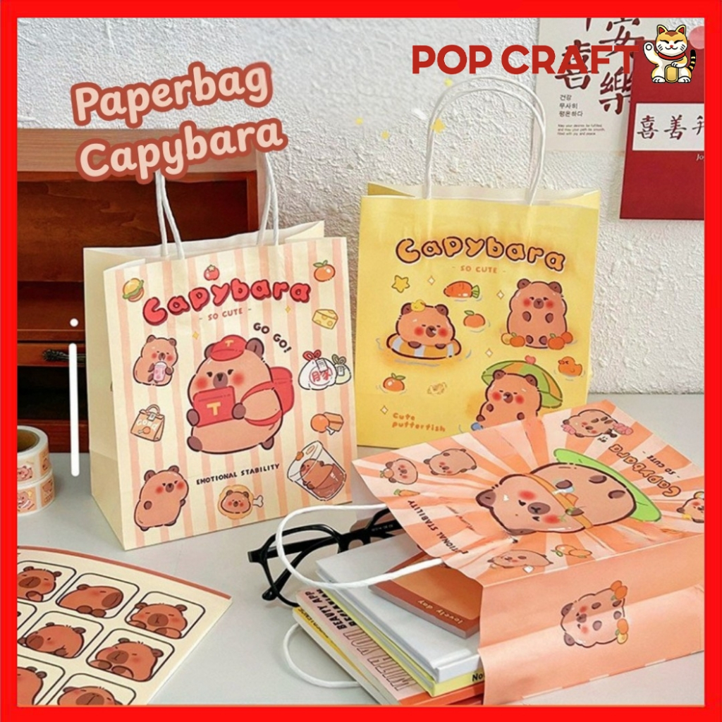 

PC Paper Bag Tas Kado Ulang Tahun Kartun Goddie Bag Motif Capybara Tas Jinjing Hampers Bingkisan