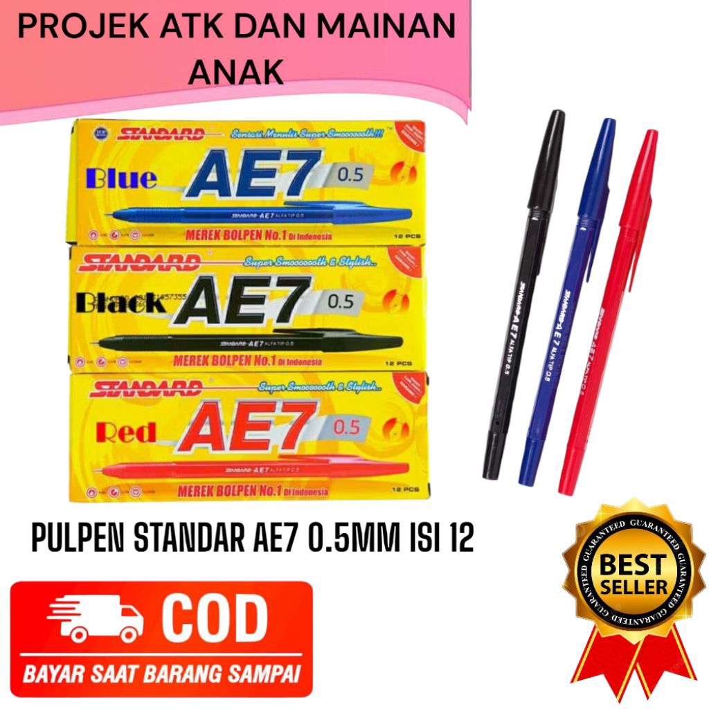 

Pulpen Standar Ae7 O.5mm Varian Hitam Biru Merah Isi 1 Pis