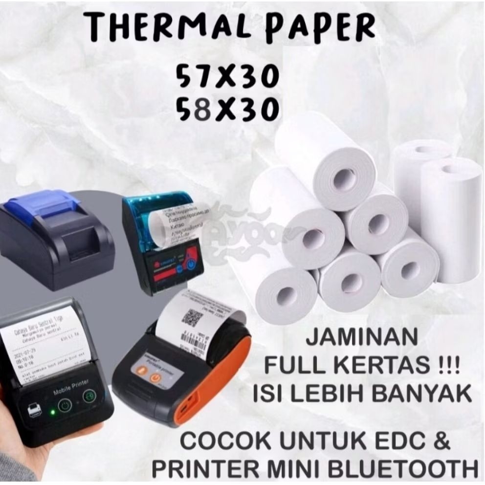 

Kertas printer thermal 58/57x30 full tanpa core paket 100 Roll(1 DUS)