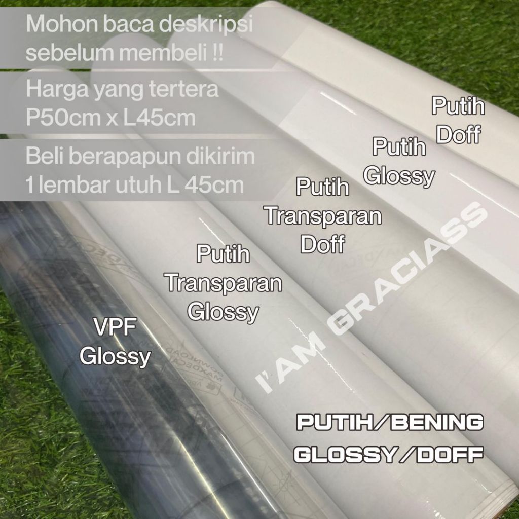 Sticker skotlet Putih Glossy Putih Doff Transparan VPF lebar 45cm
