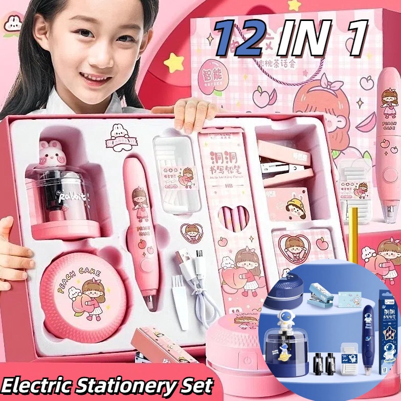 Murmer 12 IN 1 Electric Stationery Set  Set Alat Tulis Elektronik Rautan Penghapus Vacuum Pencil Set