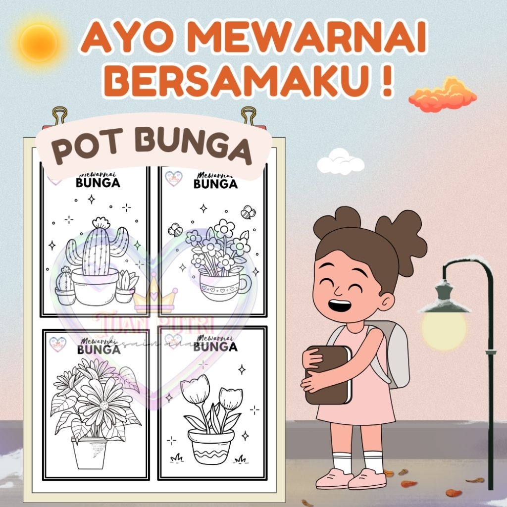 

03 Pot Bunga - Kertas Mewarnai Anak Isi 20 Lembar 1 Pak Motif Gambar Pot Bunga Untuk Usia PAUD TK SD 1-9 Tahun Kertas HVS Tebal 80 Gram