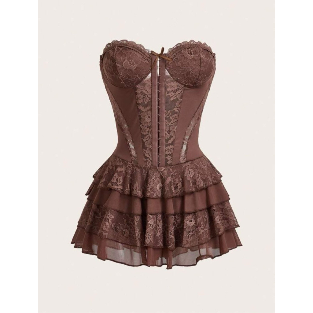 Vintage layered lace patchwork bustier waish mini dress