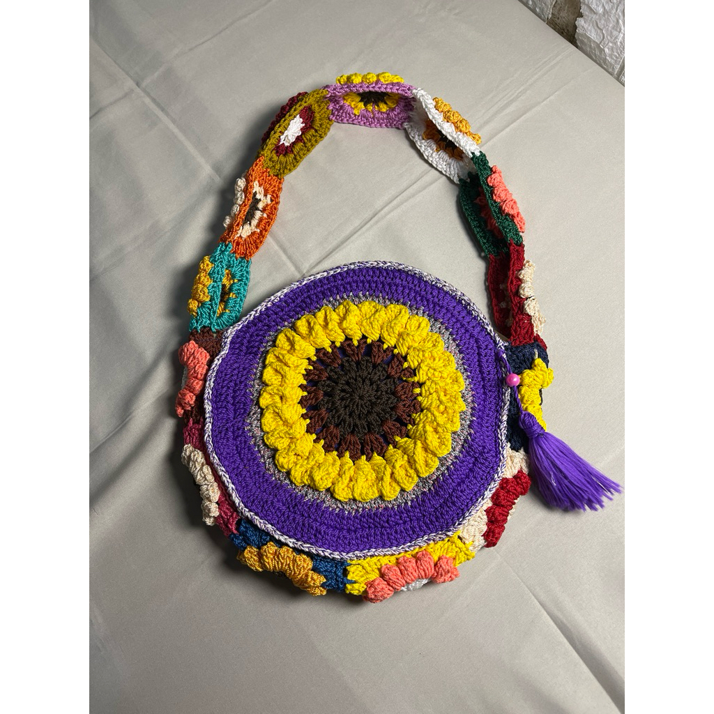 tas rajut bunga matahari bulat tote bag bulat wanita crochet