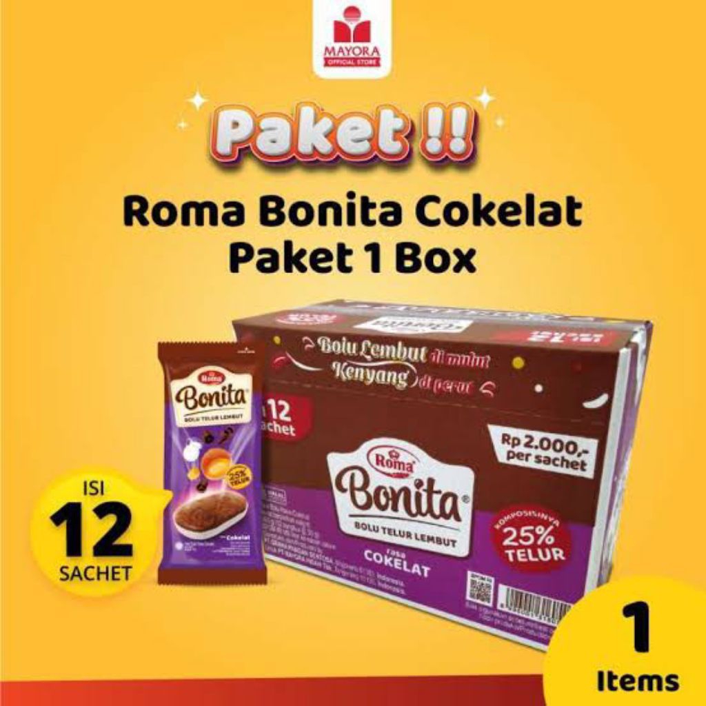 

Roma Bonita Bolu coklat 1 box isi 12 pcs