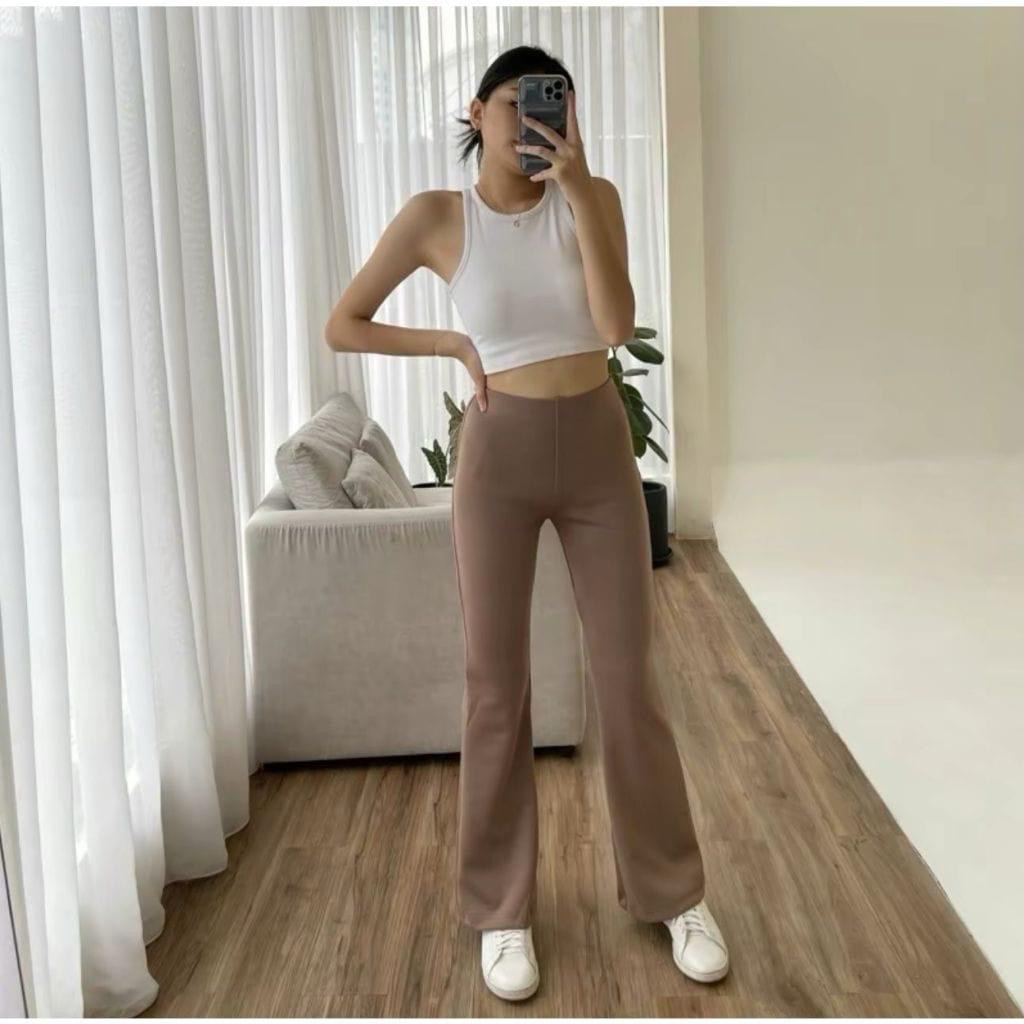 Flare Pants Scuba Highwaist - Celana Scuba Wanita Cutbray - Celana Wanita Full Karet