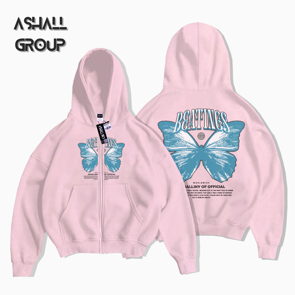 Hoodie Boxy Zipper Beathing Butterfly Warna Dusty Pink Pria Wanita Distro