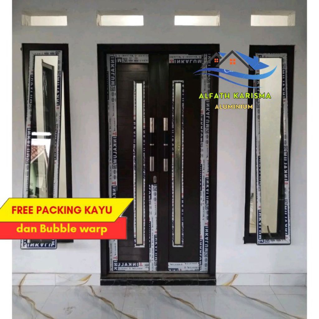 Pintu Utama kupu-tarung Aluminium (T200xL120) & Jendela kanan-kiri (T150xL40) full set lengkap denga