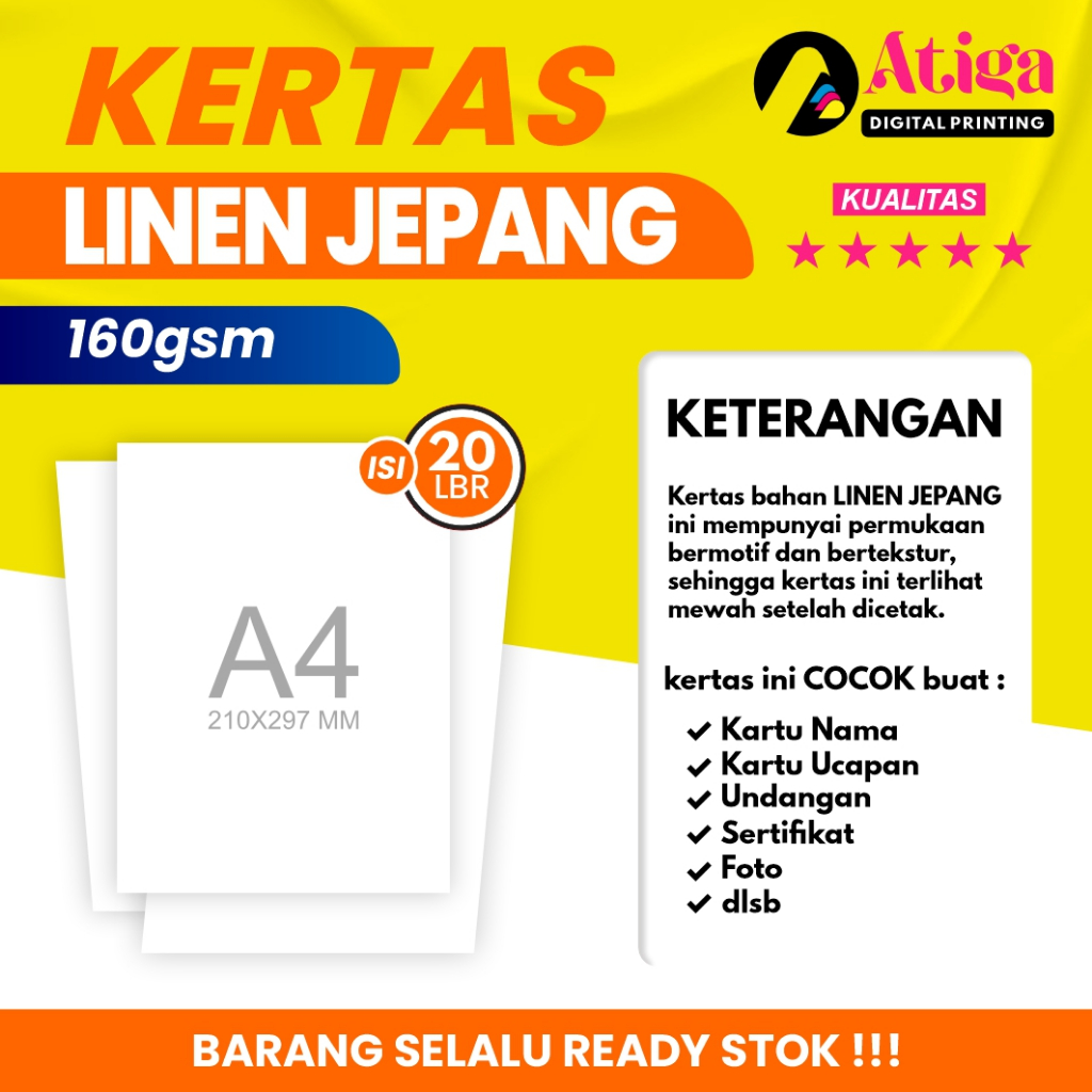 

Kertas Linen Jepang 160gsm / 200gsm uk. A4 cocok unt. Sertifikat Piagam dll (isi 20 lembar)