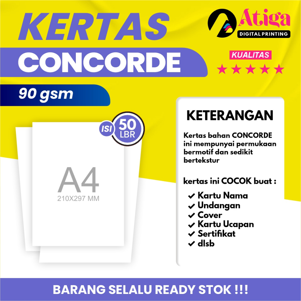 

Kertas Concorde 90gsm / 200gsm uk. A4 cocok unt. Sertifikat Piagam dll (isi 50 lembar)