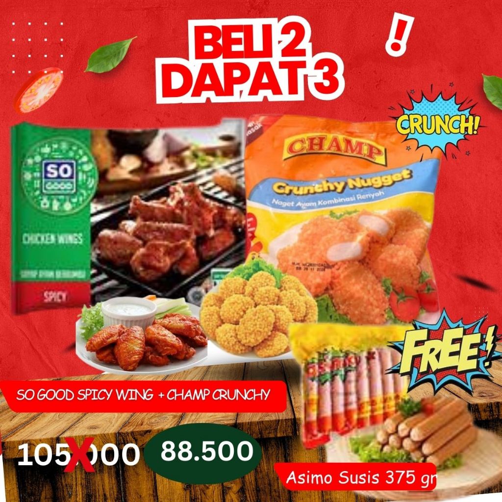 

BELI 2 DAPAT 3 SOGOOD SPICY WING 400GR + CHAMP NUGGET CRUNCHY 450GR FREE ASIMO SOSIS AYAM 375GR