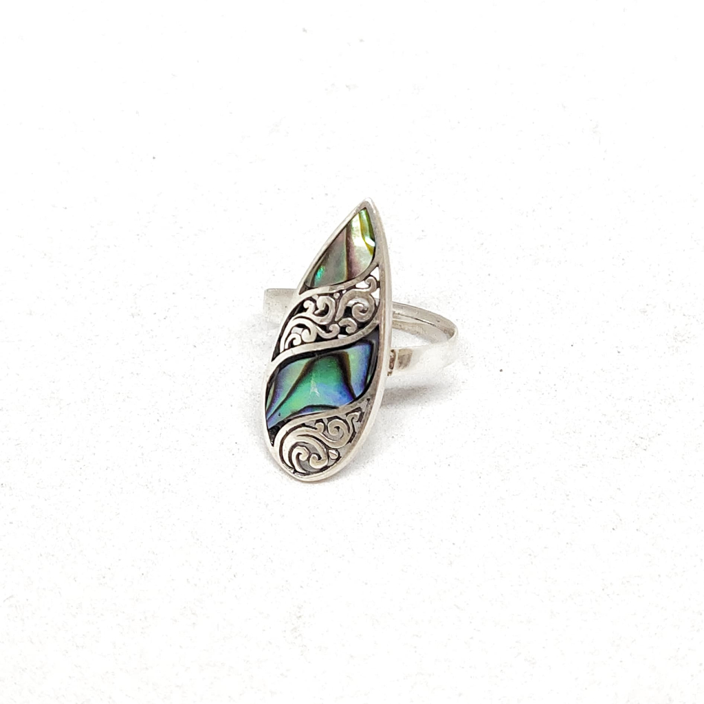 Ring Cincin Perak Silver  925 Motif Daun Tetes Batu Kerang Power, shell Pria Wanita Costum