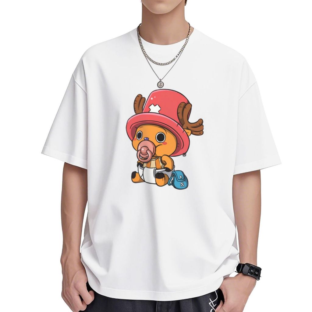 Humcustom  ONE PIECE Kaos Fashion Unisex Fashion Handmade Cotton Pria Wanita T-Shirt Kaos Putih Chop