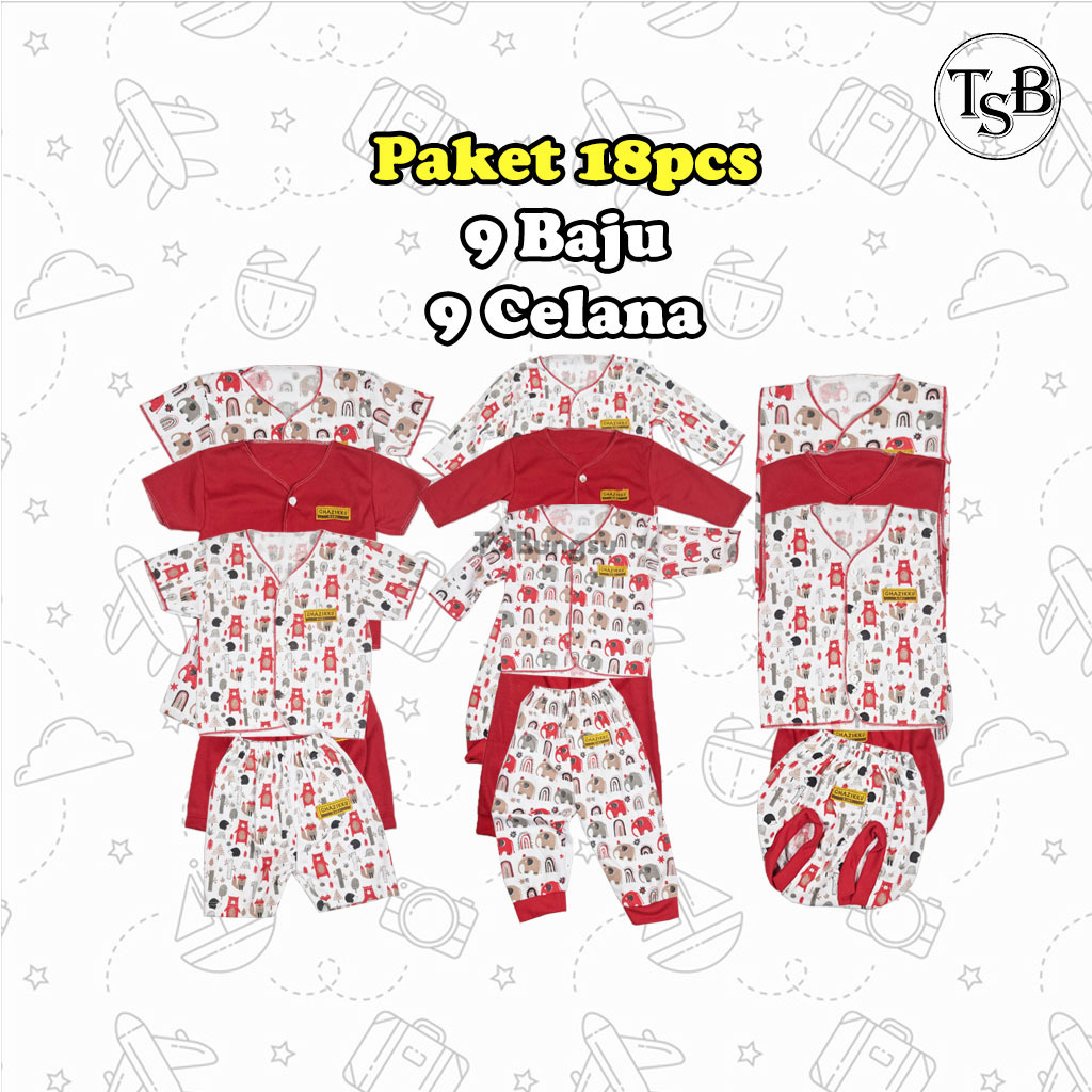 18 Pcs Paket Baju Bayi Dan Celana Bayi Baru Lahir 0-3 Bulan Seri Merah Model Lekton Model Lengan Pen