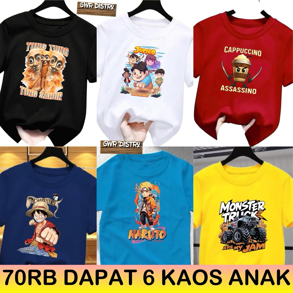 PROMO KAOS ANAK 65RB DAPAT 6 KAOS ANAK ANAK 2-16 Tahun Baju Unisex Perempuan Dan Laki Laki Kekinian 