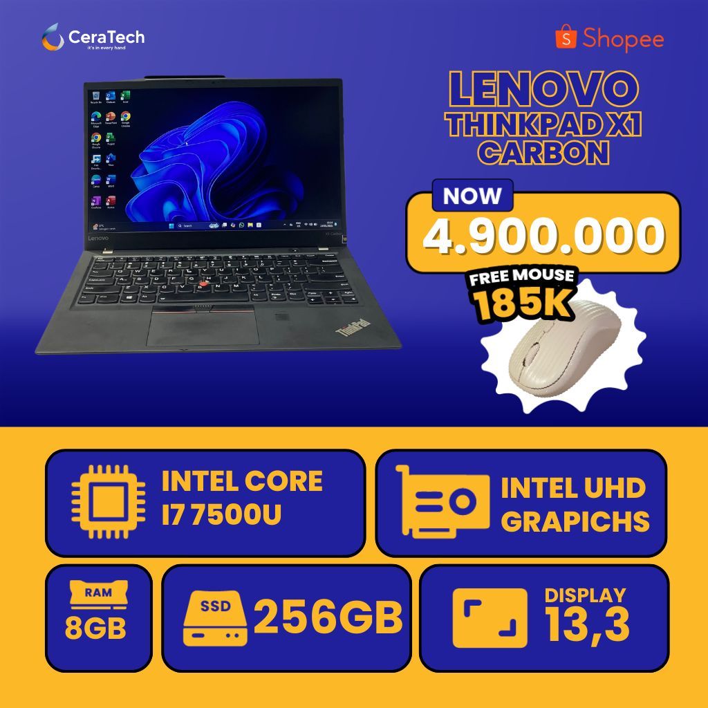 LAPTOP MURAH JOGJA - Lenovo Thinkpad X1 Carbon - Intel i7 Gen 7 - Lenovo Thinkpad X1 Carbon Intel Co