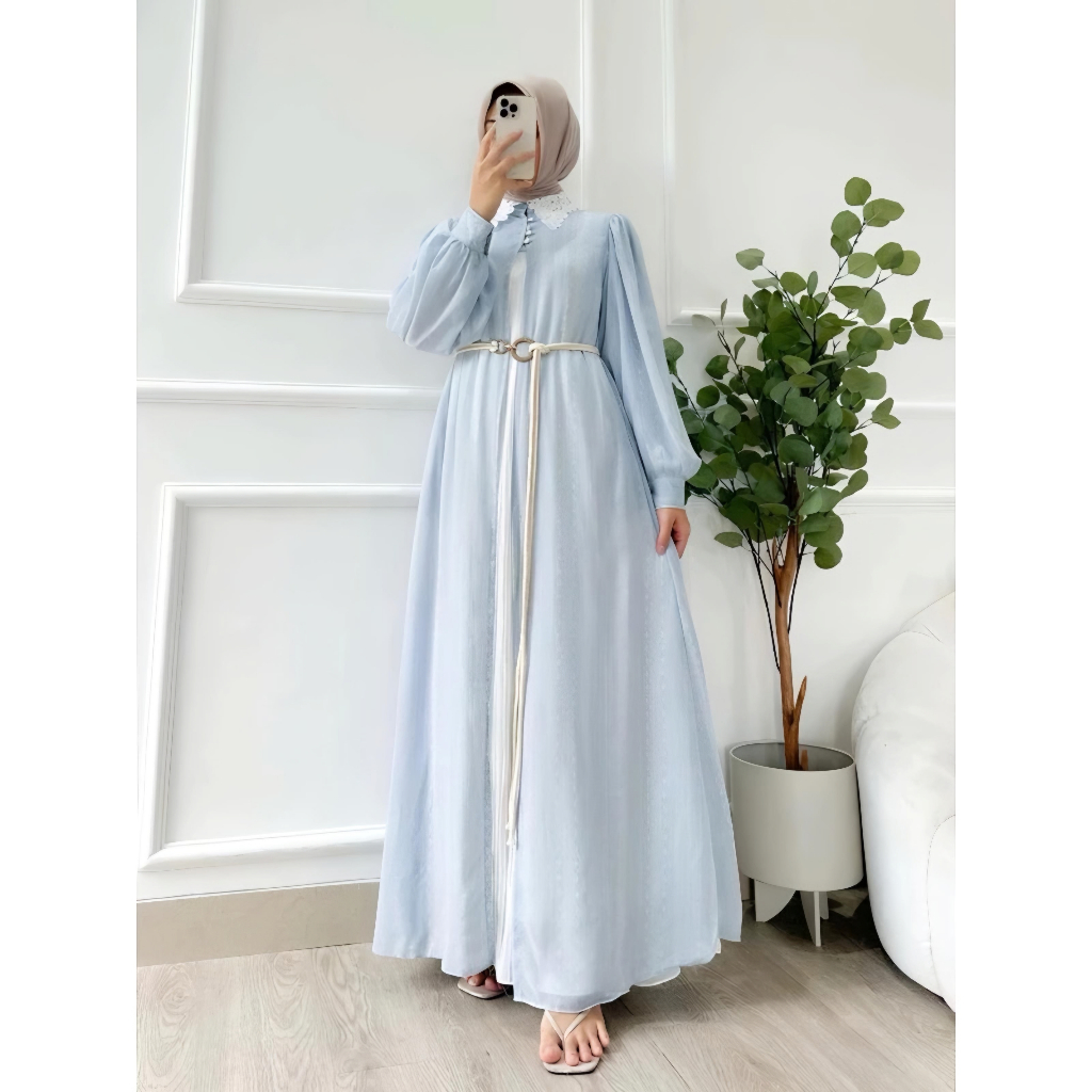 Gamis Wanita Premium (inner plisket + Outher motif Print) Plus Belt Gamis Pesta Biru Lengan Panjang